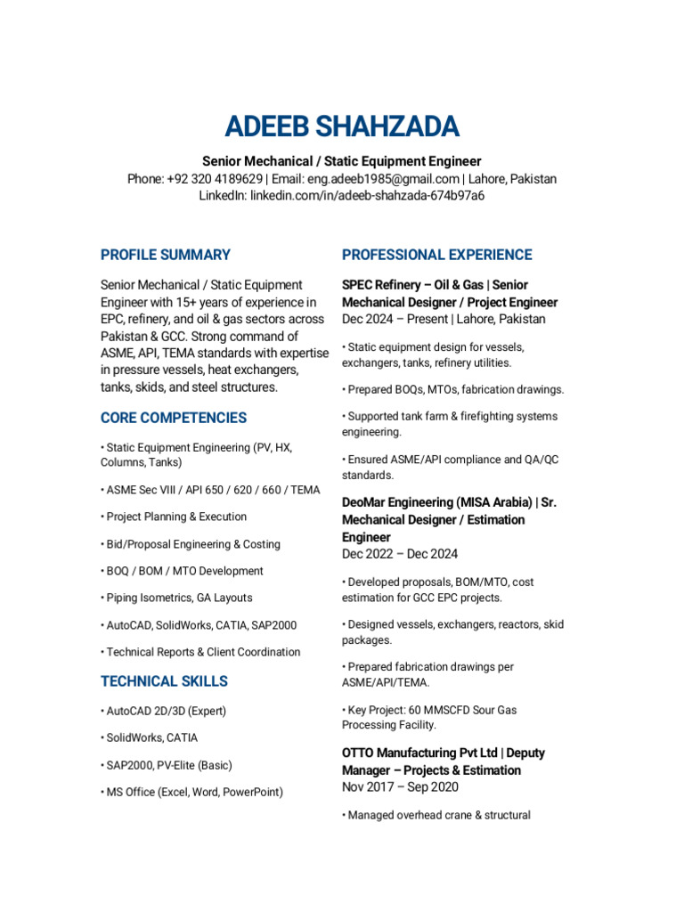 Eng & Static Designer CV - 120606 | PDF | Engineering