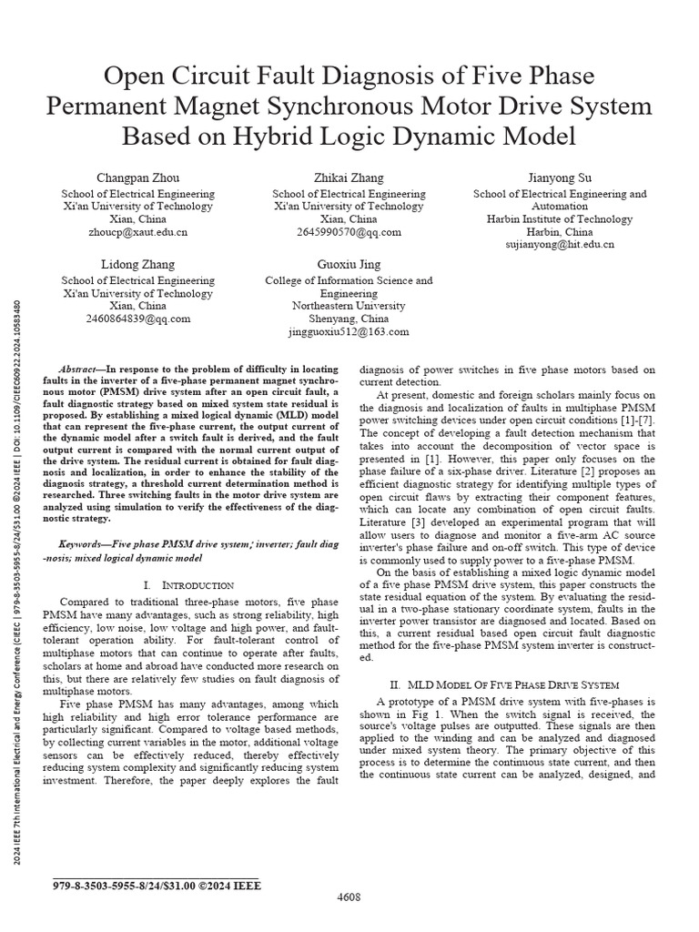 Open Circuit Fault Diagnosis of Five Phase Permanent Magnet Synchronous ...