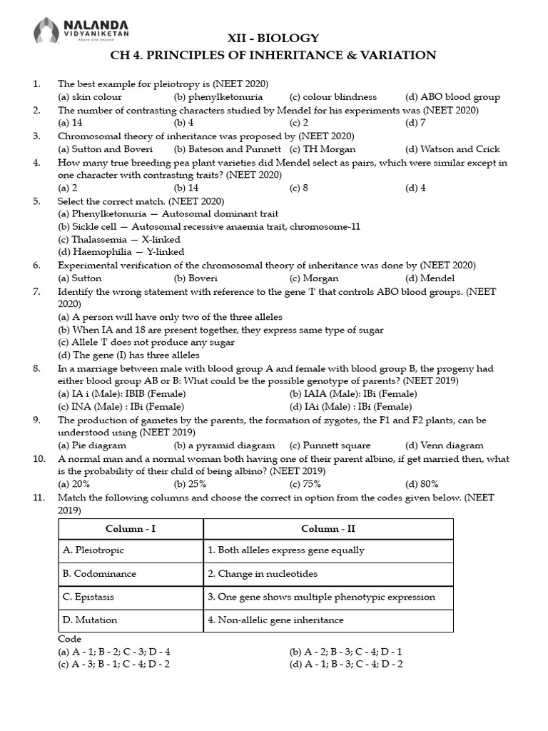 XII - BIOLOGY - Principles of Inheritance & Variation Worksheet | PDF ...