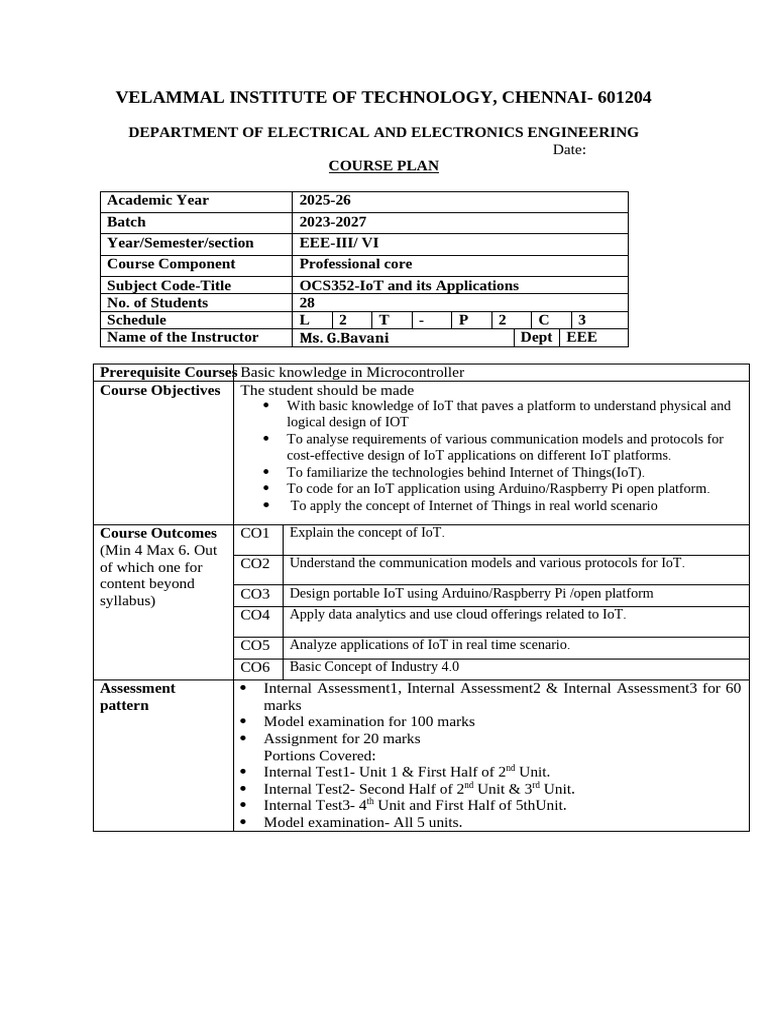 Ocs352-Iot Course Plan | PDF | Internet Of Things | Information And ...