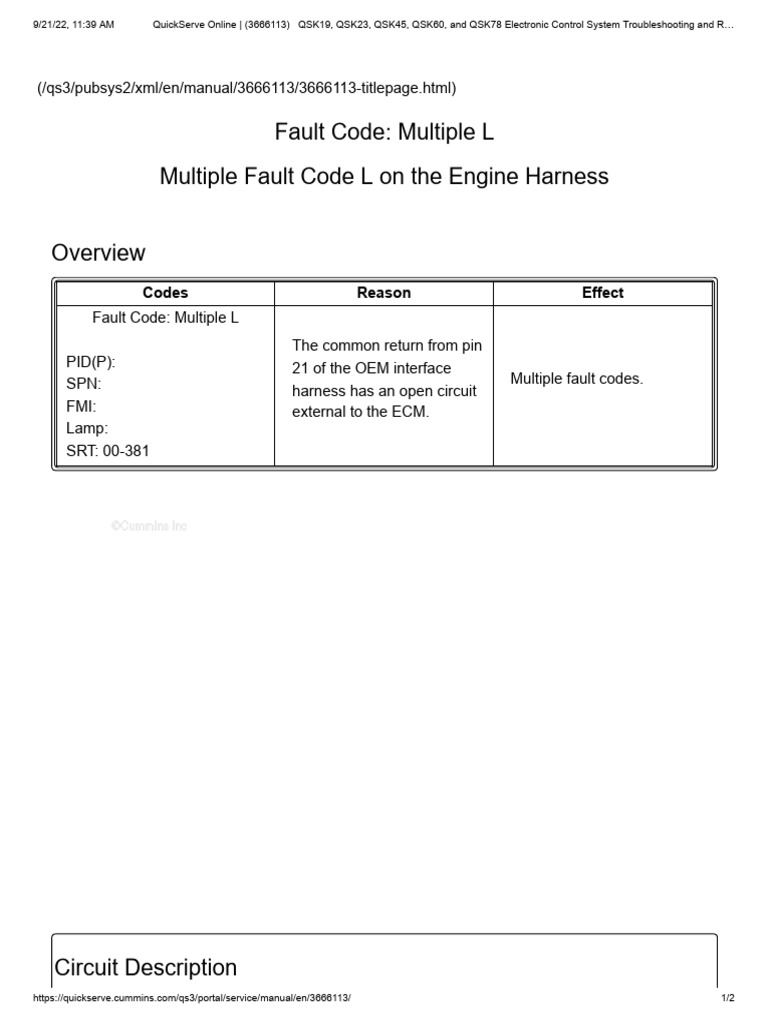 Multiple Fault Code L On The Engine Harness | PDF