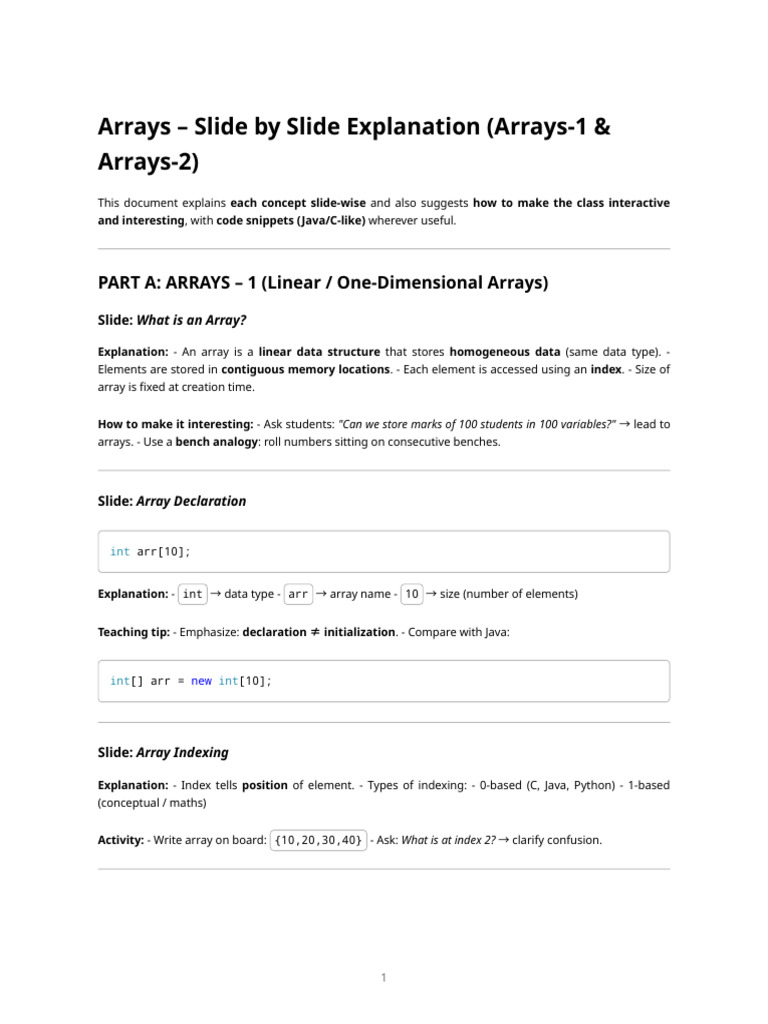 Arrays Lecture - Slide-By-slide Explanation & Teaching Tips | PDF ...