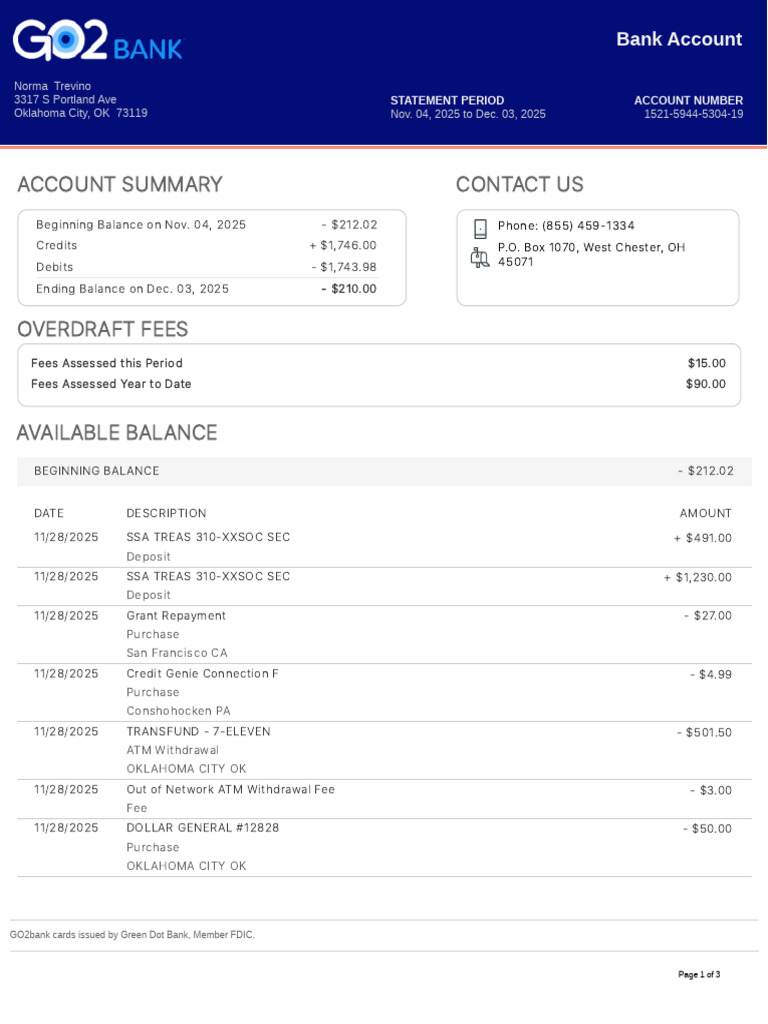 GO2bank Statement 202512 | PDF | Banks | Debit Card