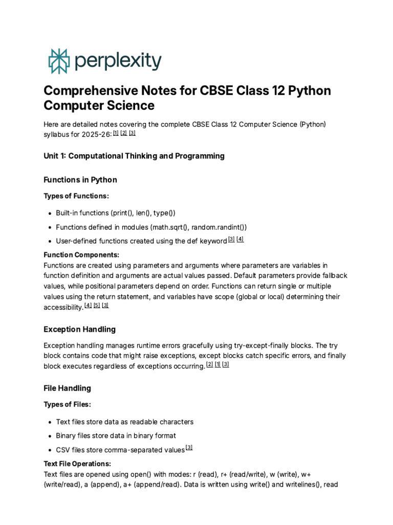 Comprehensive Notes For CBSE Class 12 Python Compu | PDF | Control Flow ...