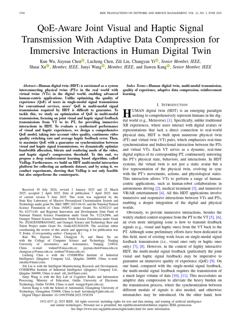 QoE-Aware Joint Visual and Haptic Signal Transmission With Adaptive ...