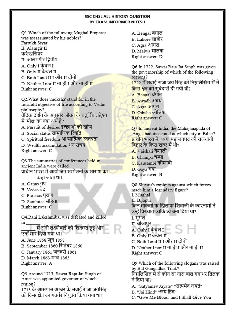 SSC CHSL 2025 History Question | PDF