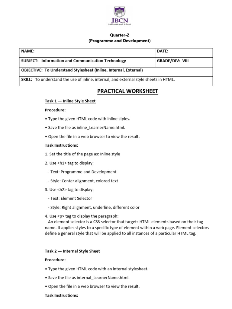 Grade 8 - Programme and Development - Practical Sheet | PDF | Html ...