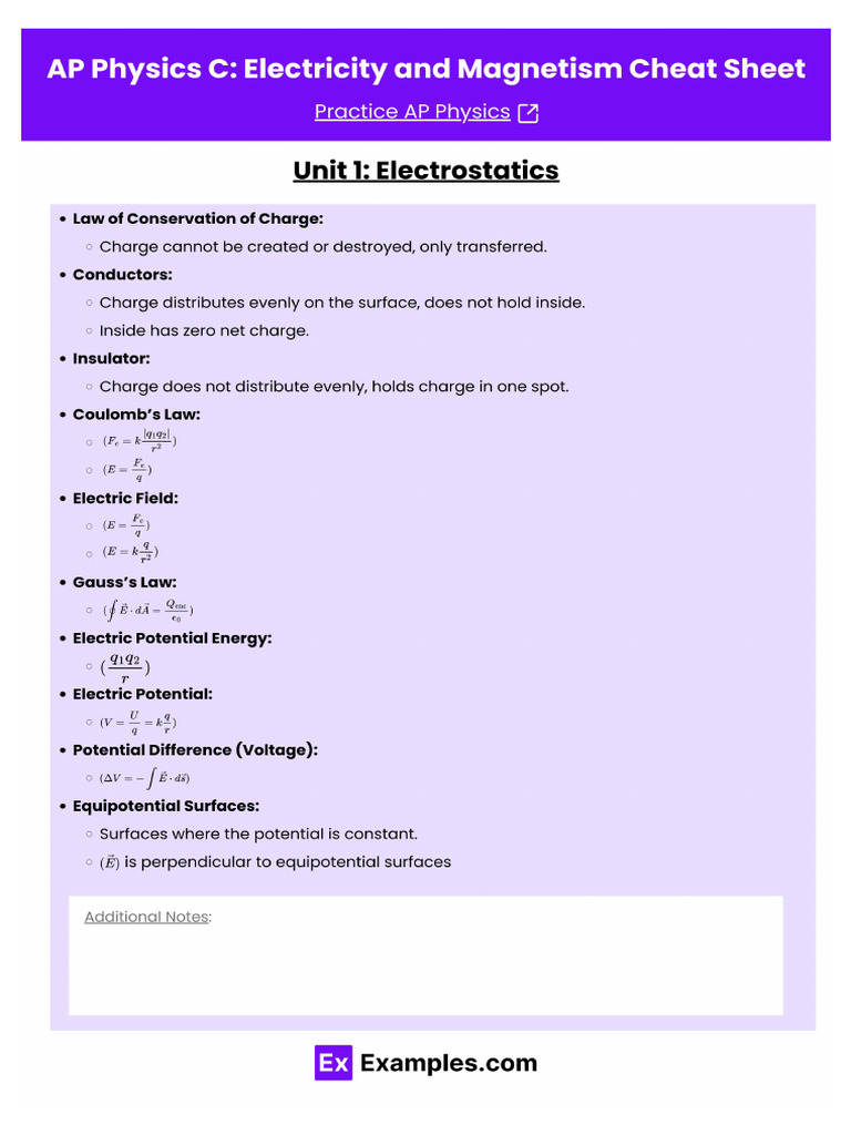 AP Physics C Electricity and Magnetism Cheat Sheet Practice Test | PDF