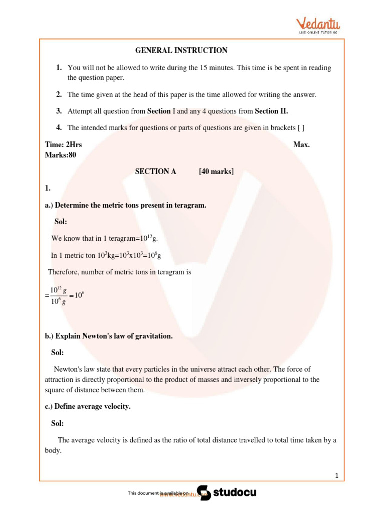 ICSE Sample Papers For Class 9 Physics Paper 1 (2024-25) | PDF ...