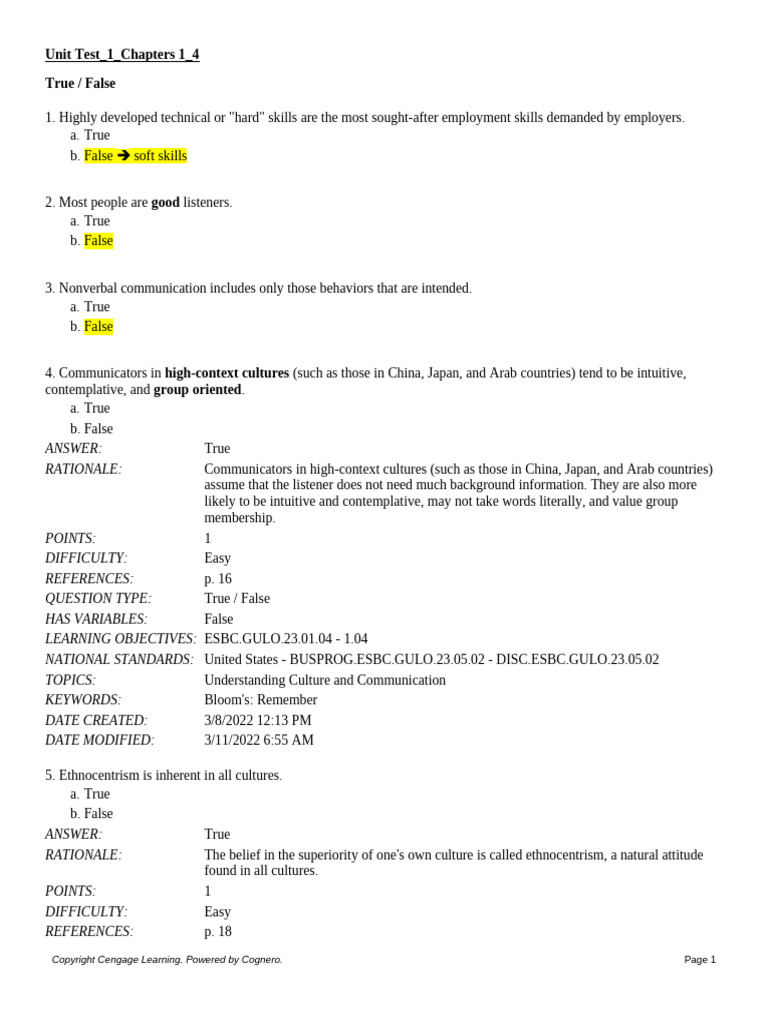 Unit Test 1 Chapters 1 4 | PDF | Syntax | Human Communication