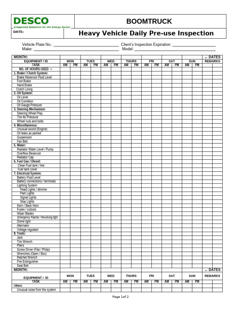EQPU MIP 28 Daily Pre Use Inspection Checklist For Boom Truck ...