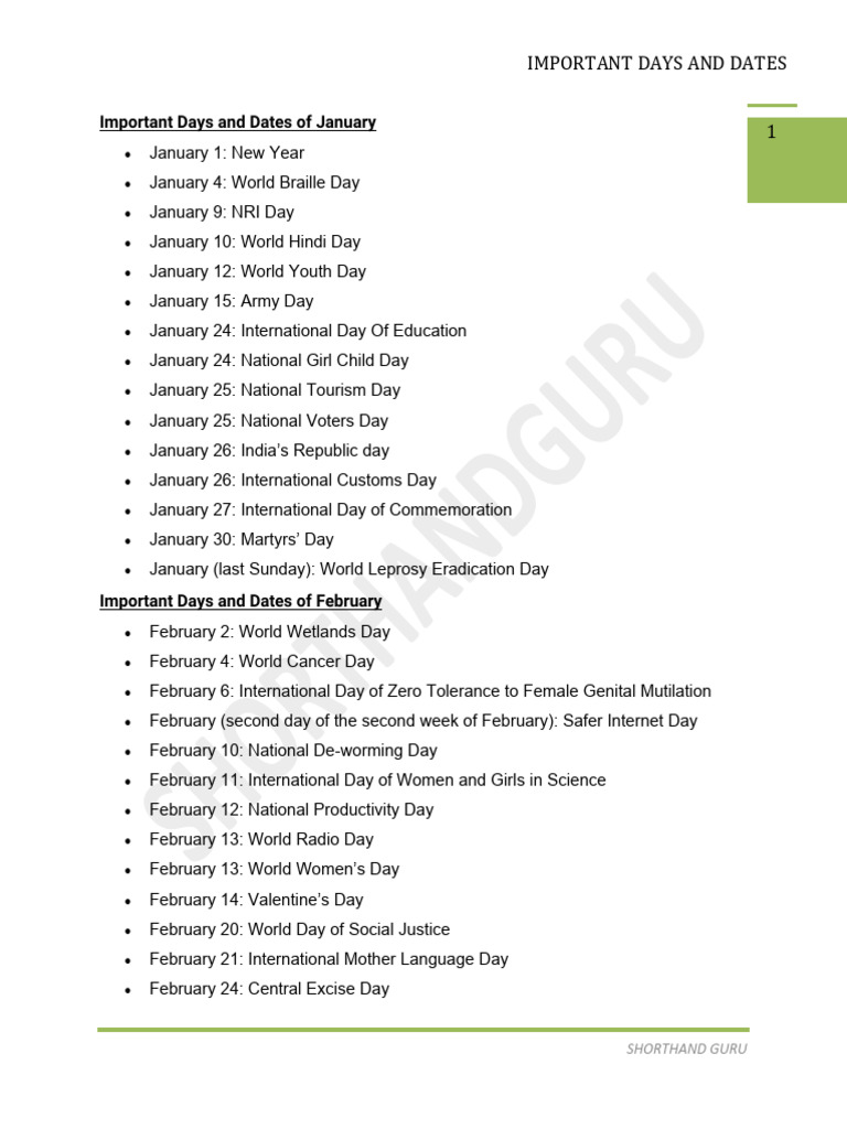 Important Days and Dates | PDF
