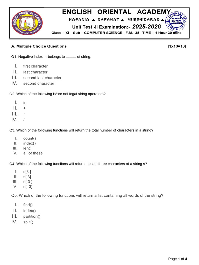 XI CS PT2 Question 2025 | PDF | String (Computer Science) | Computer ...