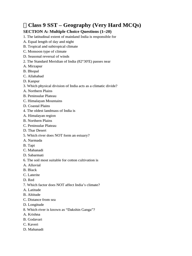 Class 9 Geo Revision Test 50m | PDF | Himalayas | Monsoon