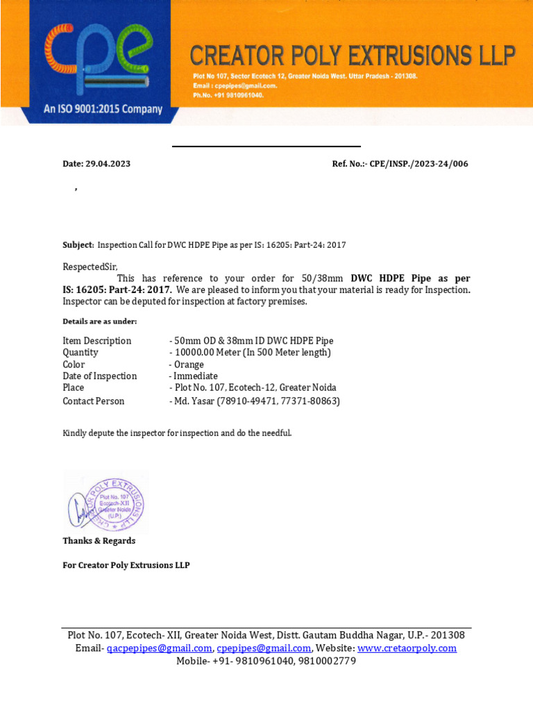 006-Inspection Call Letter (MKGC) | PDF