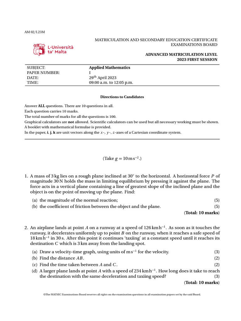 Am 200220 Applied 20 Mathematics 20202320 May | PDF | Force | Velocity