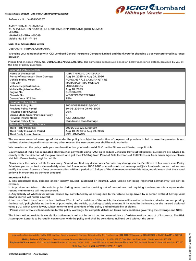 Porsche Insurance 2025 - 26 | PDF | Insurance | Pro Rata