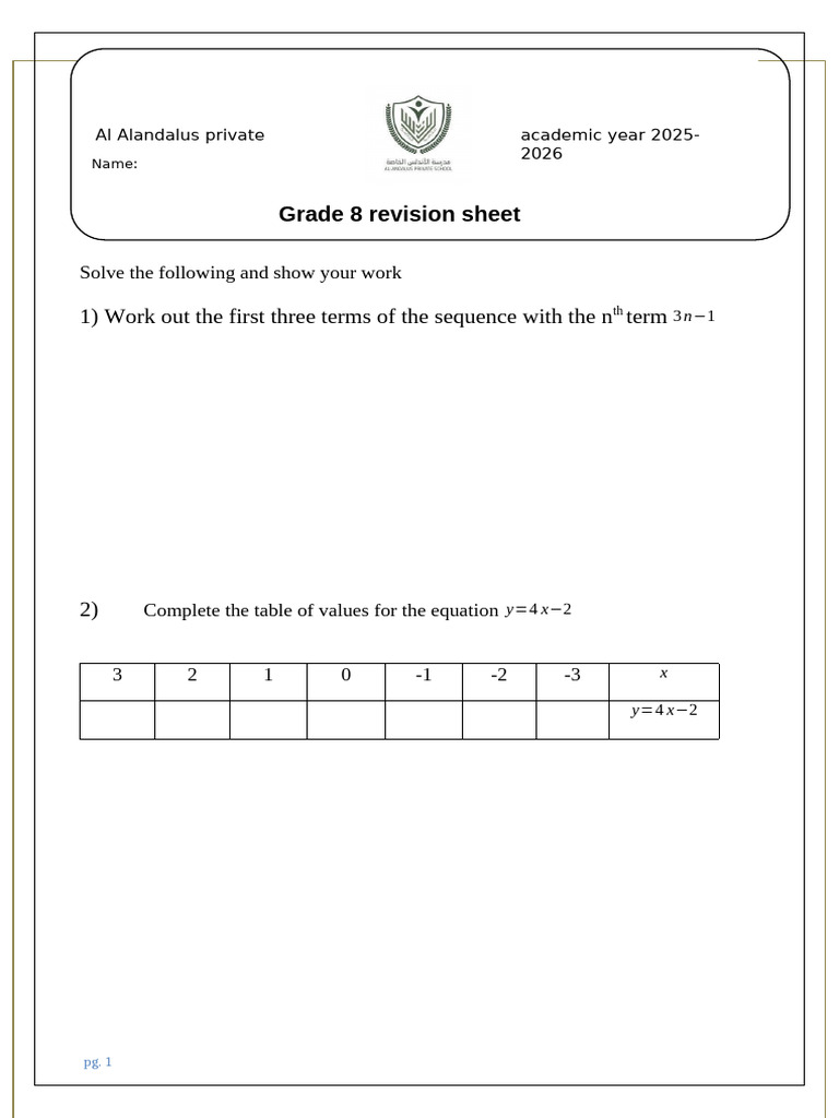1 ST Semester Revision Sheet G 8 2025 2026 Answers | PDF | Area ...