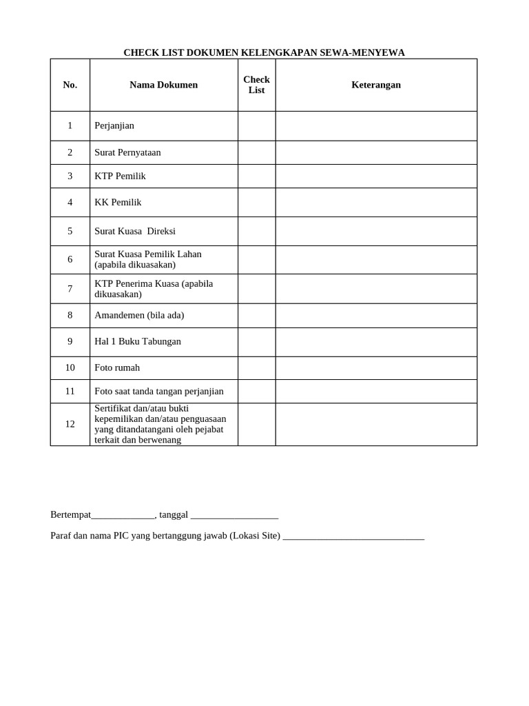 Check List Dokumen Kelengkapan Sewa | PDF
