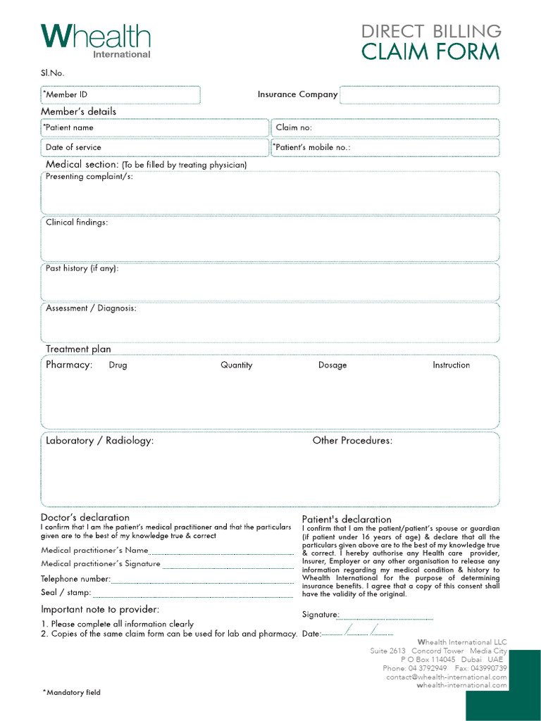 Whealth International Direct Billing Claim Form | PDF