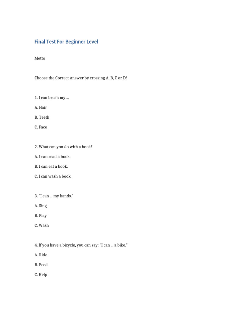 Final Test Beginner Level | PDF | Room | Foods