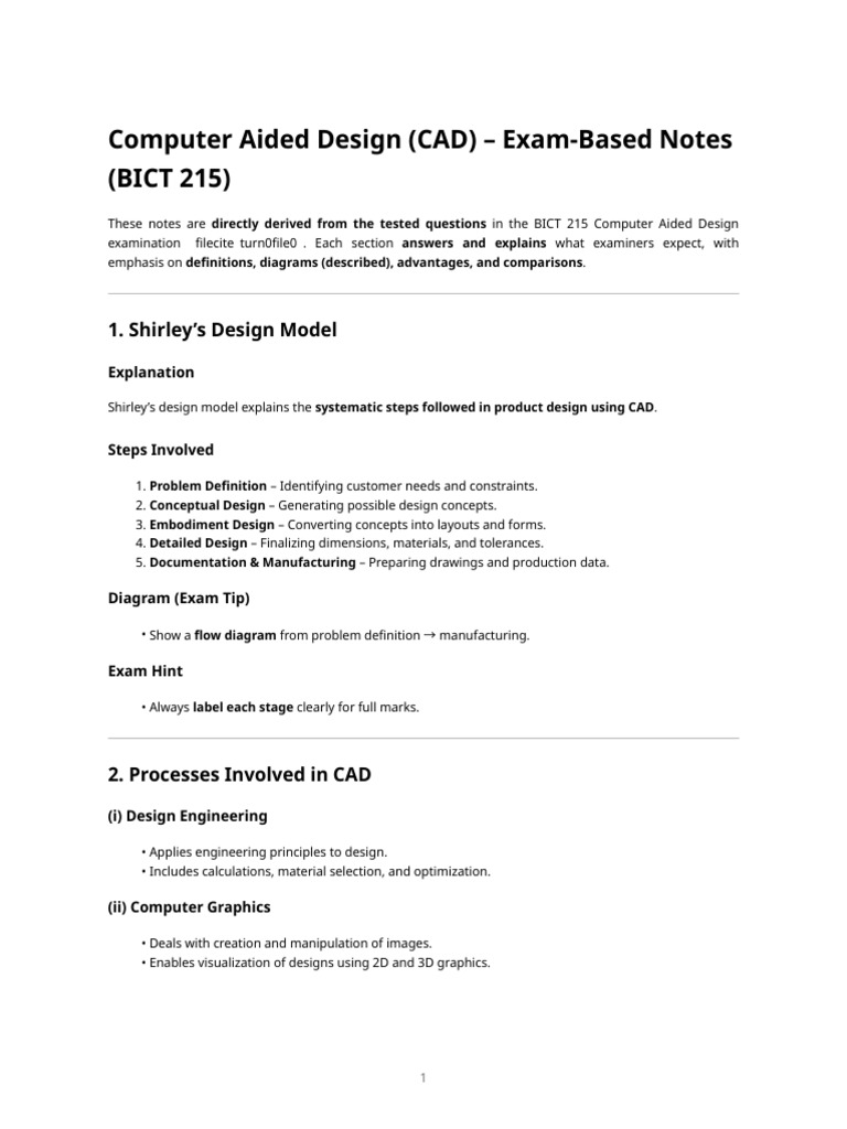 Computer Aided Design (Cad) - Exam Based Notes (Bict 215) | PDF ...