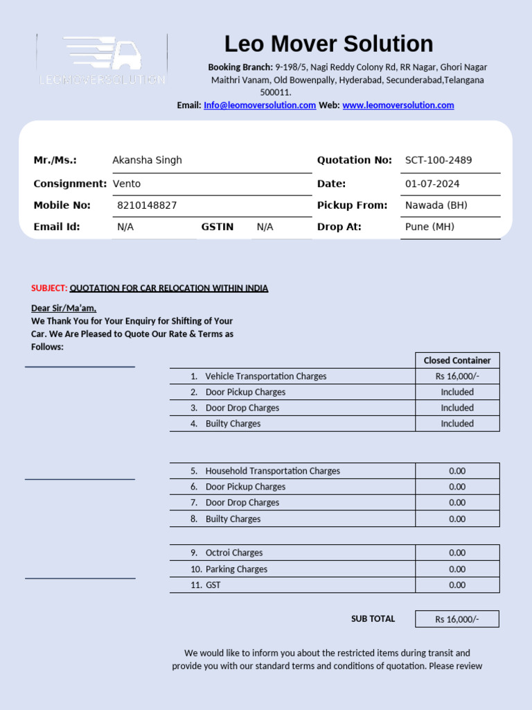 Car Transport Quotation For MR RAHUL | PDF | Insurance | Cargo