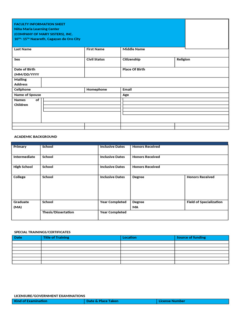 Faculty Information Sheet Form | PDF