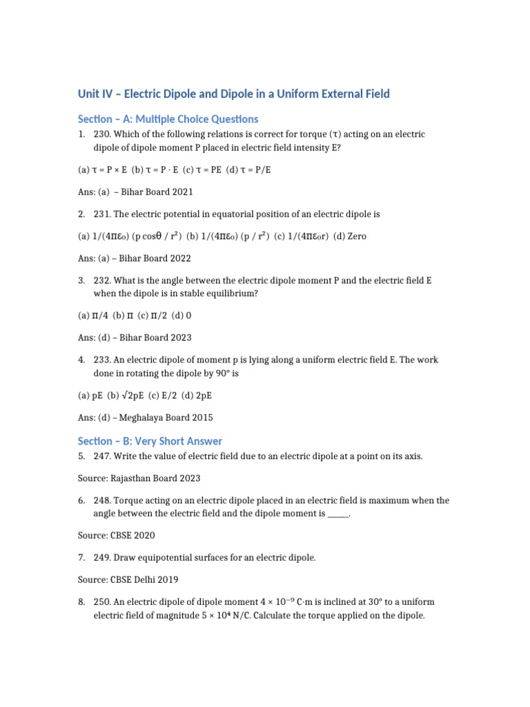 Unit IV Electric Dipole and Dipole in Uniform External Field | PDF ...