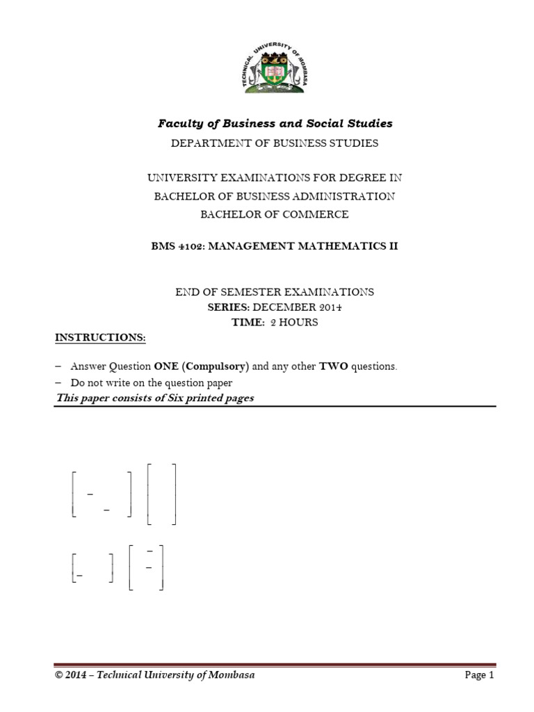 Management Mathematics Ii BMS 4102 | PDF | Matrix (Mathematics ...