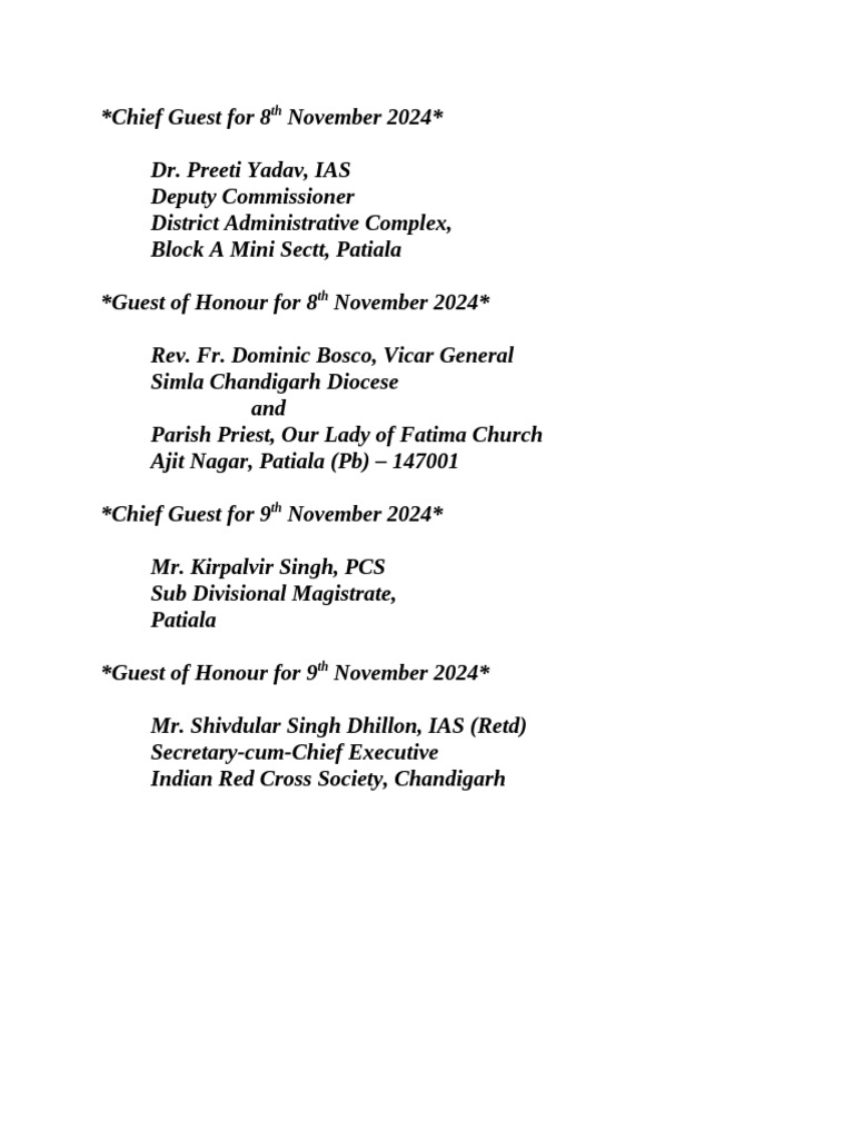 Chief Guest and Guest of Honour For 8th and 9th November 2024 | PDF