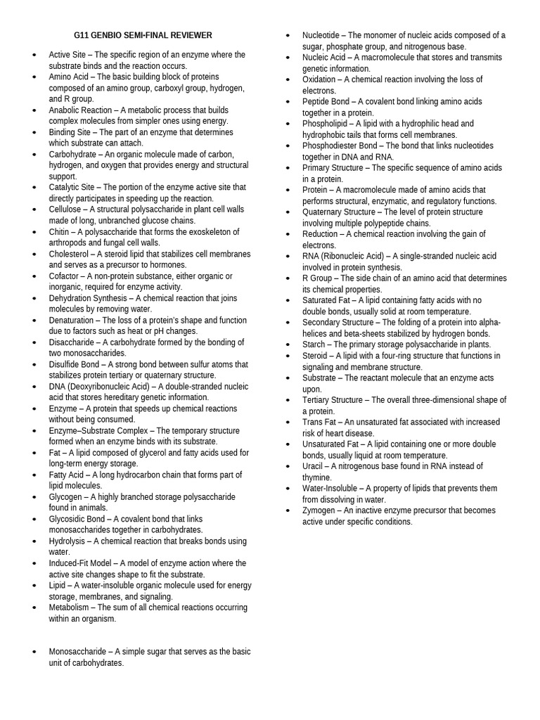 Genbio Semi Final Reviewer | PDF | Lipid | Proteins