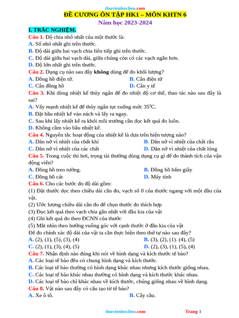 De Cuong On Tap HK1 KHTN 6 | PDF