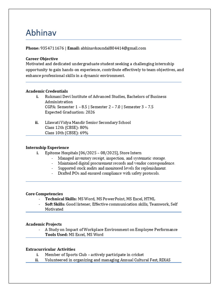 Abhinav BBA 0280301723 Resume | PDF
