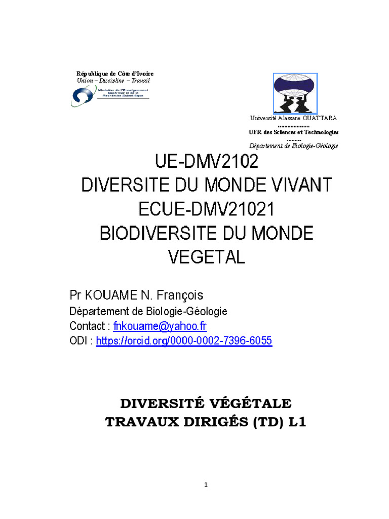 Support de TD l1 DMV 2026 | PDF | Racine | Tige (Plante)