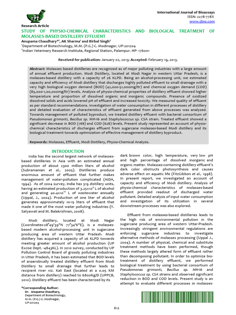 Study of Physiochemical Characteristics and Biological Treatment of ...