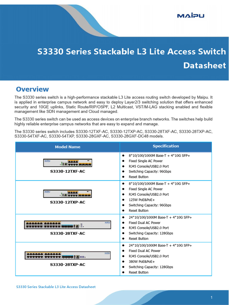 S3330 Series L3 Lite Stackable Access Switch Datasheet | PDF | Computer ...