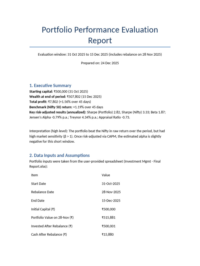 Portfolio Performance Report 31Oct-15Dec2025 v2 | PDF | Beta (Finance ...
