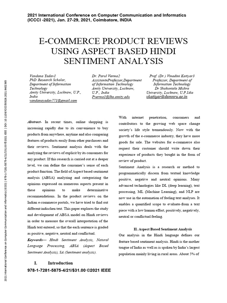 E-Commerce Product Reviews Using Aspect Based Hindi Sentiment Analysis ...
