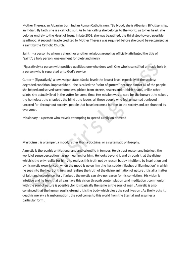 Mother Theresa Notes | PDF | Mother Teresa | Saint