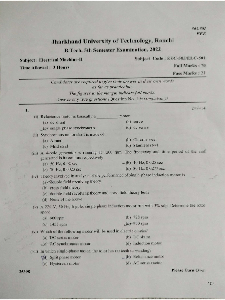 JUT - 22 Electrical Engineering Previous Year Question 2022 | PDF