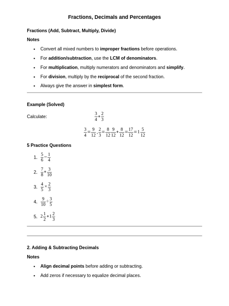 Fractions, Decimals and Percentages | PDF | Division (Mathematics ...
