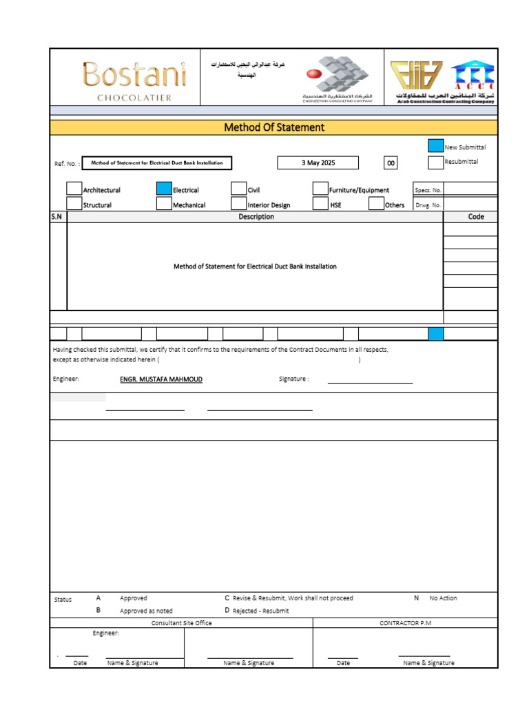 Method Statement For Electrical Duct Bank Installation - Rev 00 | PDF ...