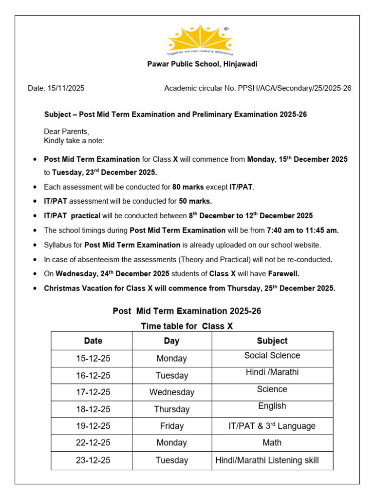 Class X Post Mid Term Examination Circular 2025 | PDF | Qualifications ...
