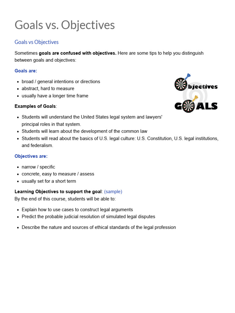 Learning Objectives - Goals vs. Objectives - Building | PDF