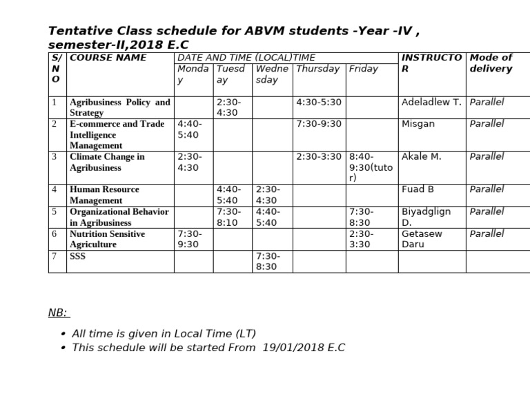 Tentative Class Schedule For ABVM Students - Year - IV, semester-II ...