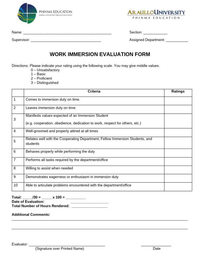 Evaluation Form Immersion | PDF