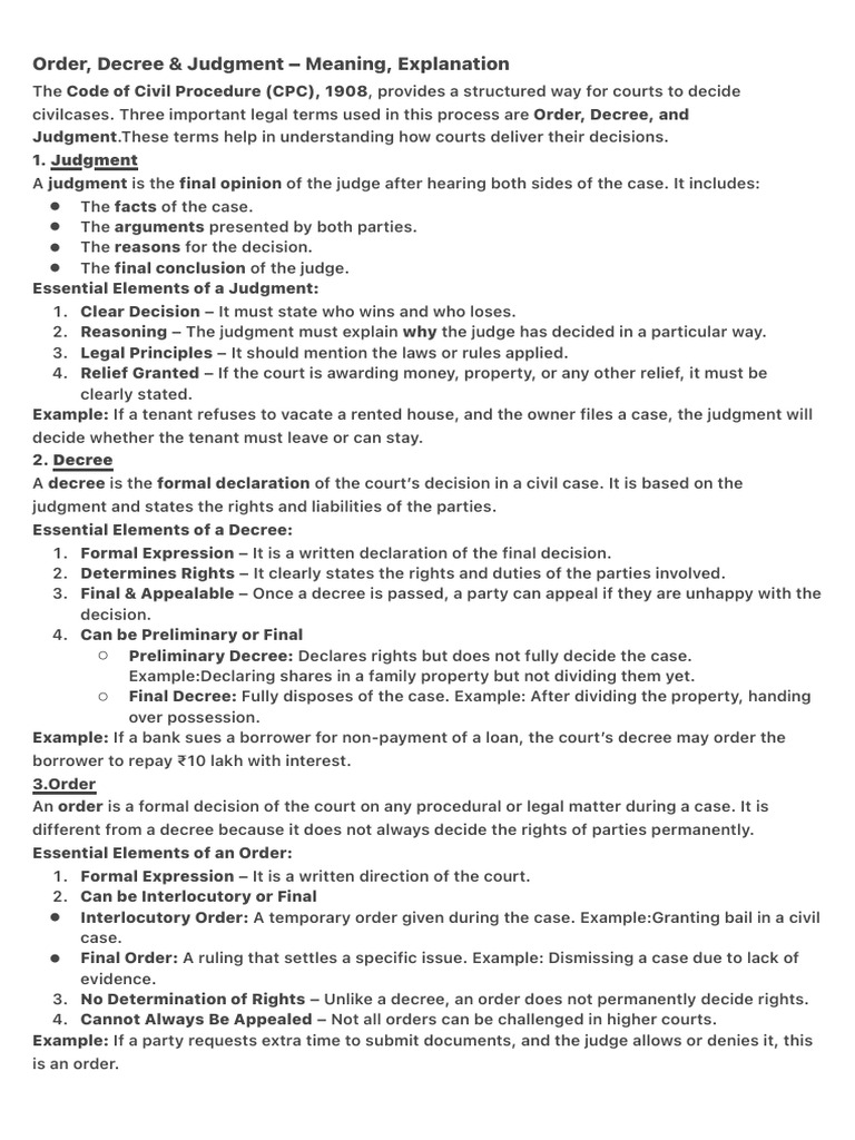 Order, Decree & Judgment - Meaning, Explanation | PDF | Judgment (Law ...