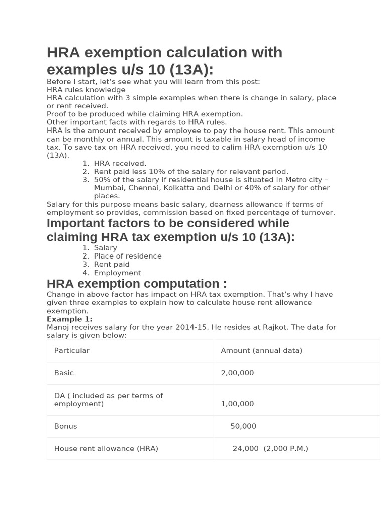 HRA Exemption Calculation With Examples | PDF | Salary | Taxes