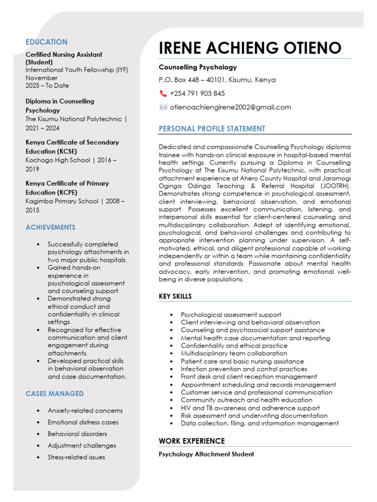 Irene Achieng Otieno CV | PDF | Psychology | Psychotherapy